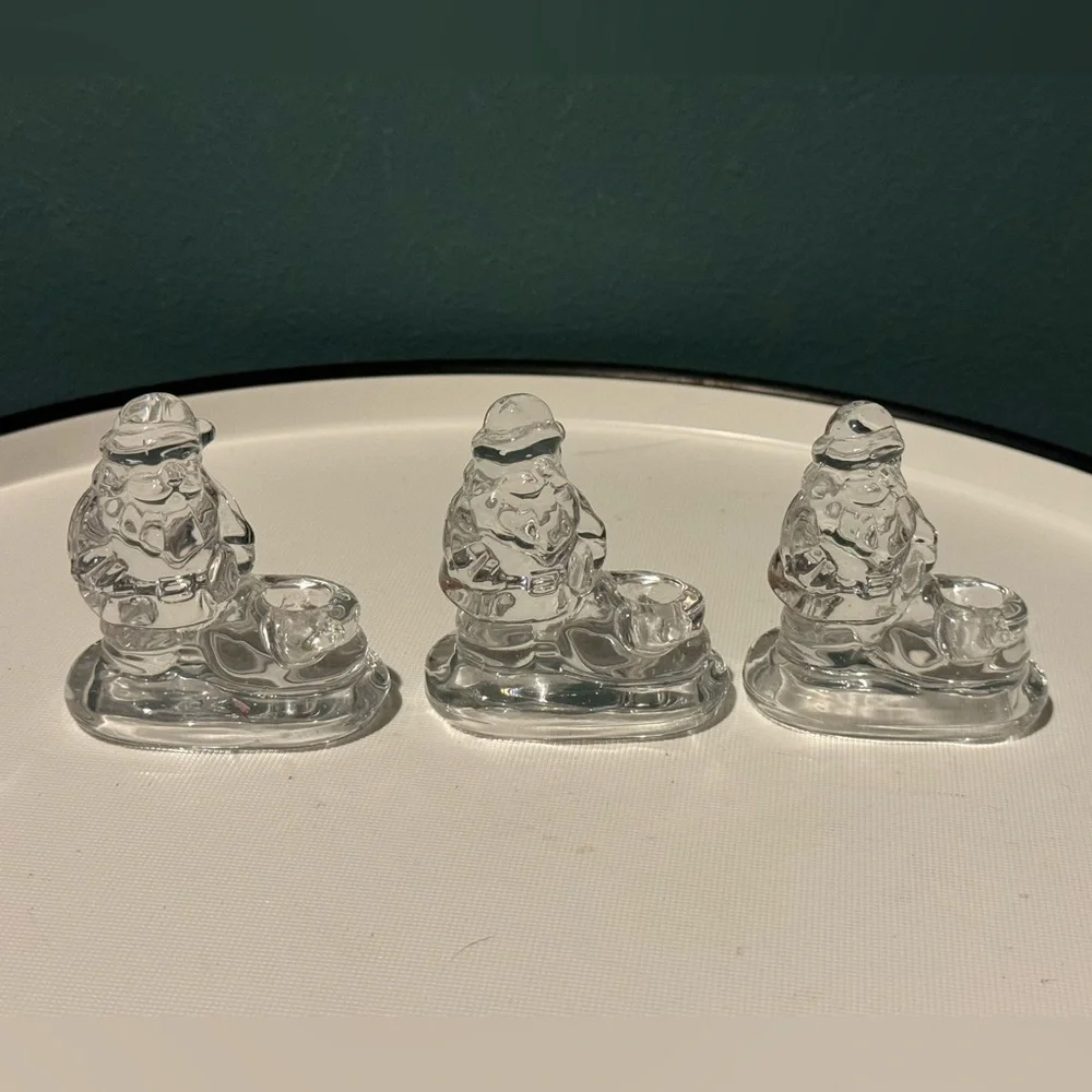Set of 3 Williams Sonoma Clear Glass SANTA Tiny Taper Candle Stick Holders